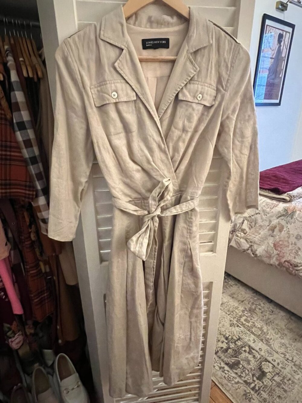 Safari-style work linen partial-wrap dress